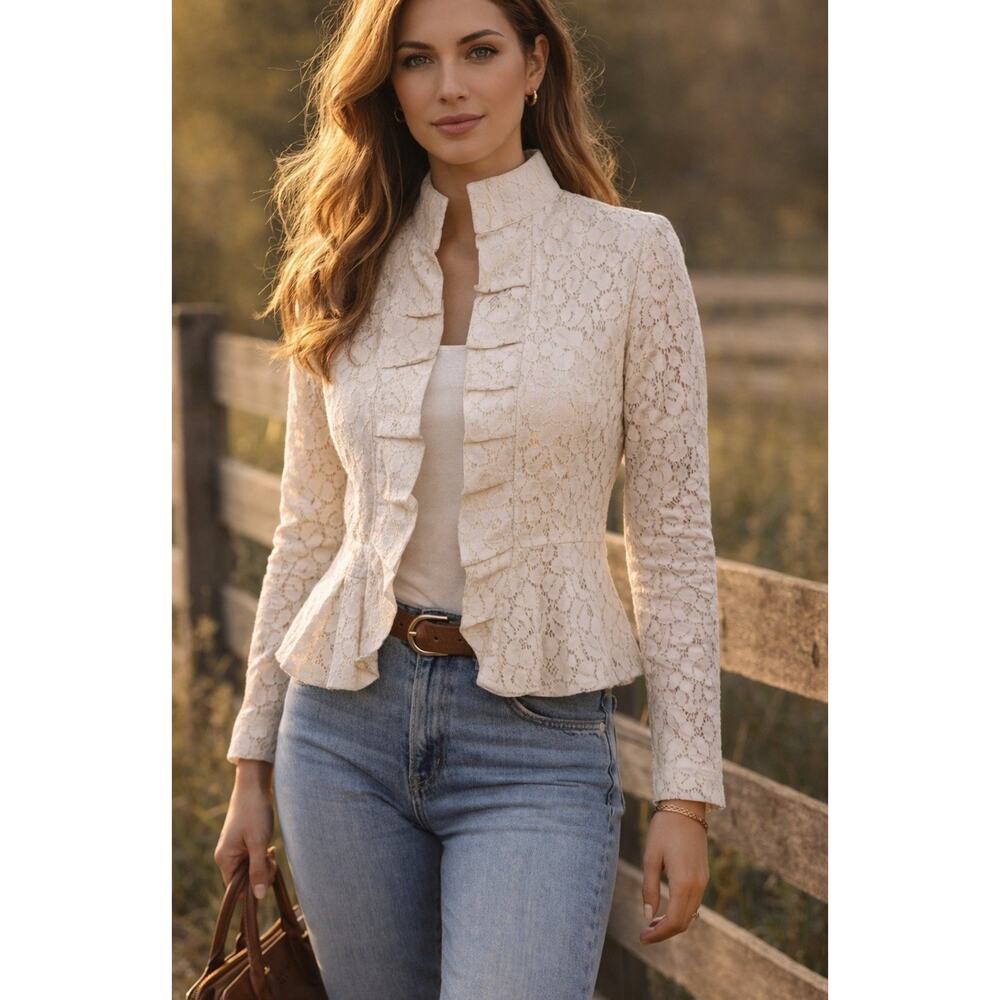 Yvonne Marie Natural Nude Lace Sheer Open Blazer Sz M Heritage Academia EUC